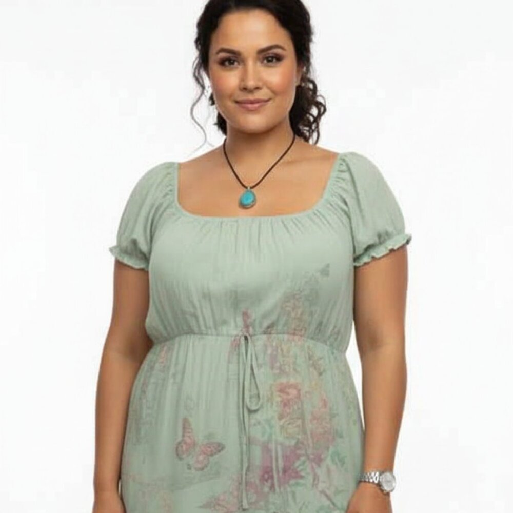 NWT Bamboo Traders Bohemian Sage Green Dress  L Colorful Butterfly Floral Print